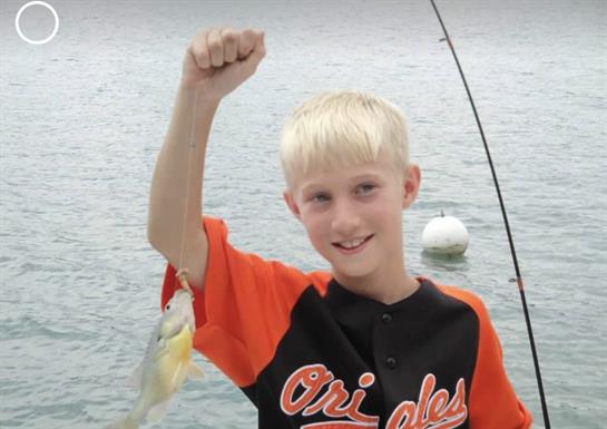 A boy joyfully holds up a small fish he just caught while fishing near the water.