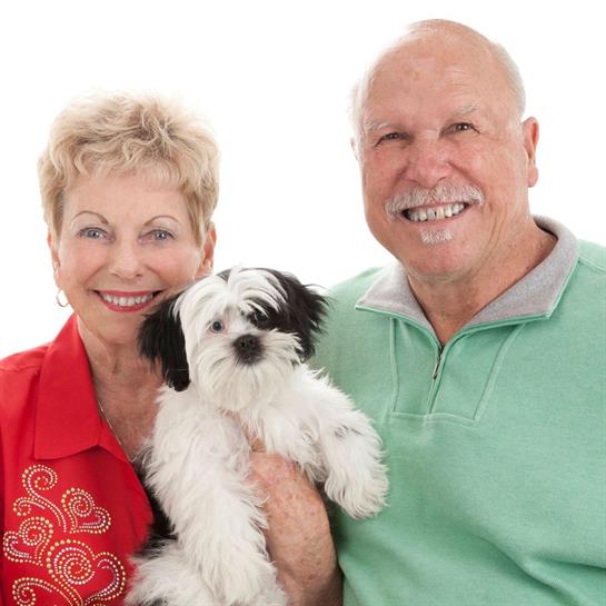 Senior couple happily poses with their small fluffy puppy, showcasing their affection and joy.