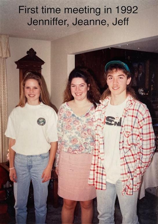 Friends Jennifer, Jeanne, and Jeff share smiles during their first meeting in 1992.