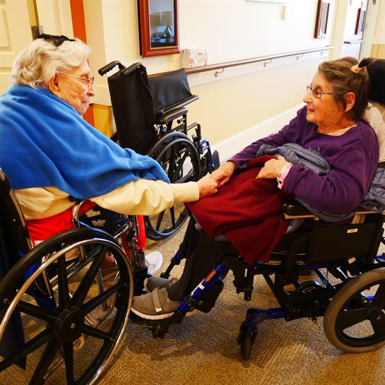 Two senior women in wheelchairs hold hands and share a tender moment in a nursing home hallway.