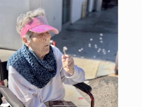 An elderly woman in a pink visor and blue scarf blows dandelion seeds outdoors.