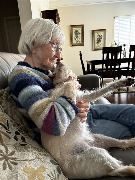 An elderly woman enjoys a tender moment with her dog, sharing affection on the couch.