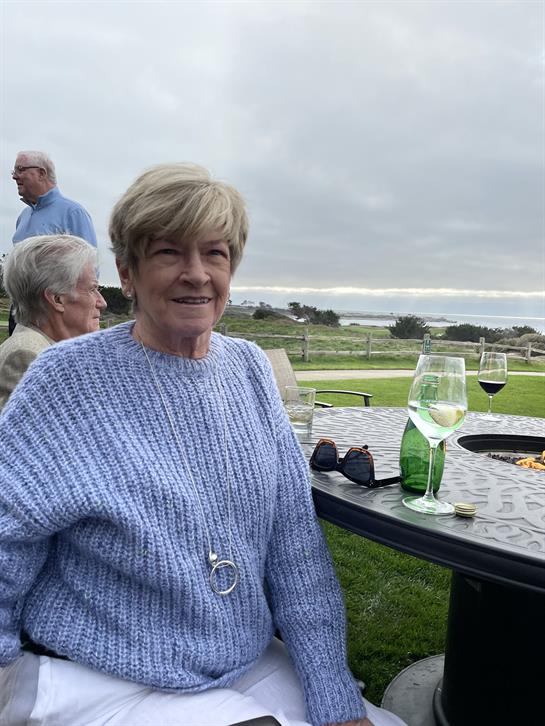A woman sitting at a table with wine glasses