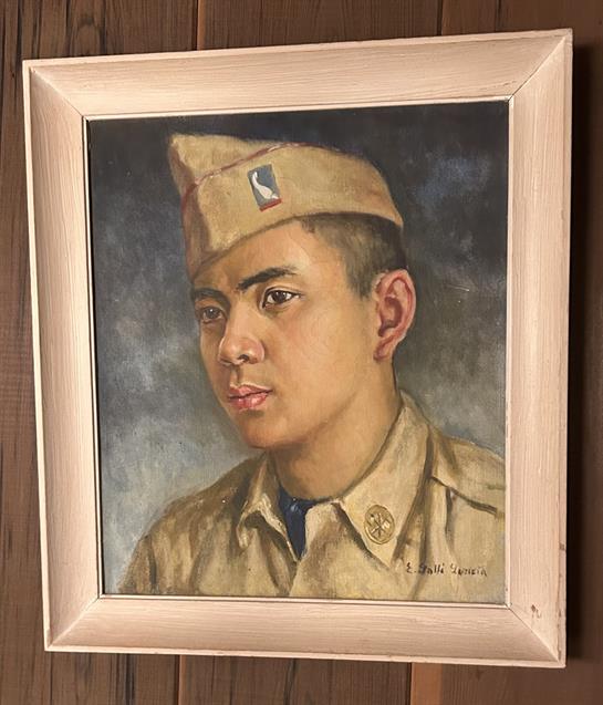 A detailed portrait of a young soldier in military uniform highlights his thoughtful expression.