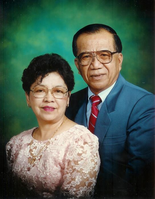 Elderly couple smiles warmly in formal attire against a green studio backdrop.