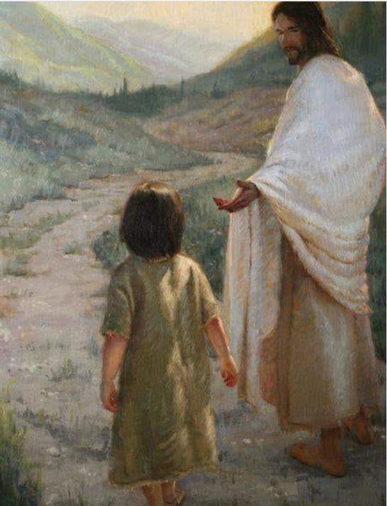 A figure resembling Jesus guides a young child along a tranquil pathway amidst lush hills.