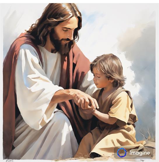 A calm moment where Jesus interacts with a child, sharing warmth and guidance in nature.