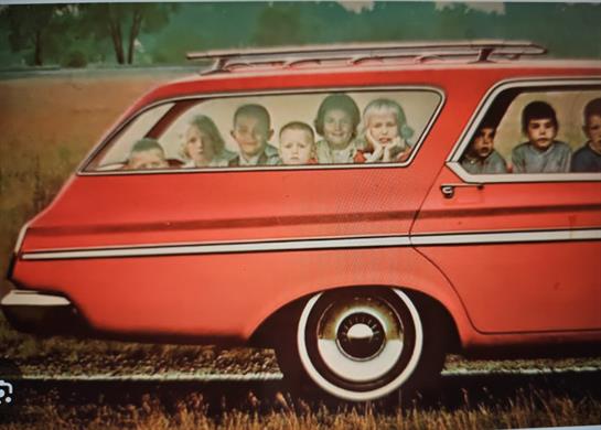 Children enjoy a summer road trip in a red station wagon, smiling through the windows.