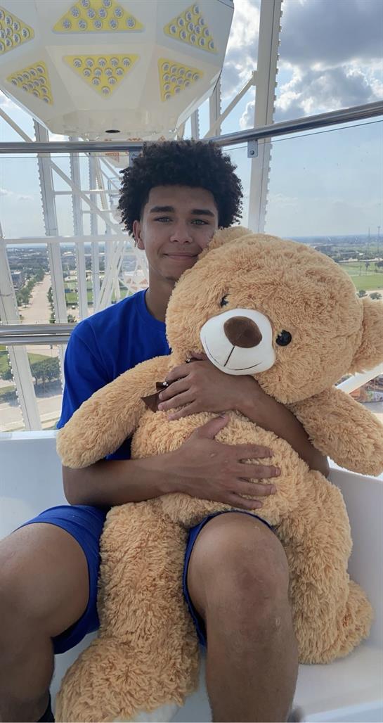 A boy holds a giant teddy bear while riding a Ferris wheel, smiling against a bright sky.