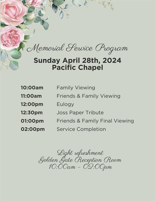 The program outlines the schedule for a memorial service held at Pacific Chapel on April 28th, 2024.