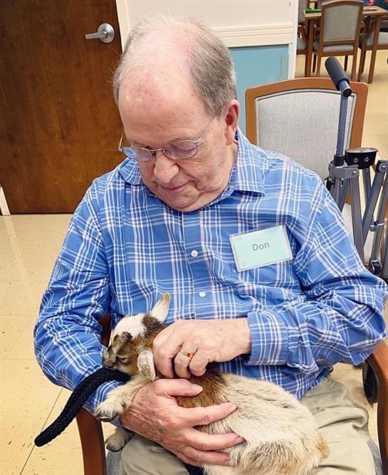 A senior man enjoys spending time with a small goat during therapy at a community center.
