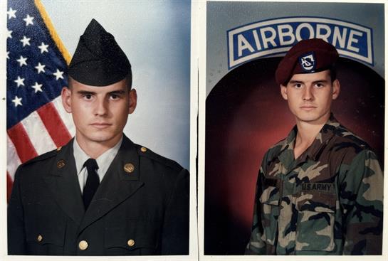 Soldier poses in formal military uniform and airborne gear against patriotic backdrops.