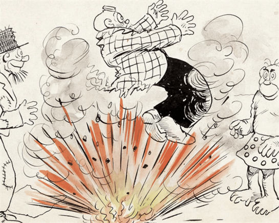 A cartoon of a man jumping into a fire