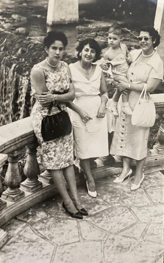Four women smile and chat by a railing with a child, a waterfall in the background.
