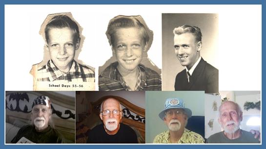 Group of men displays their evolution from childhood to senior years, capturing memories.