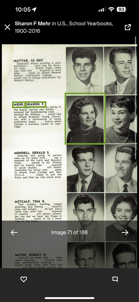 Sharon F Mehr's high school yearbook entry highlights her youthful appearance and memories.