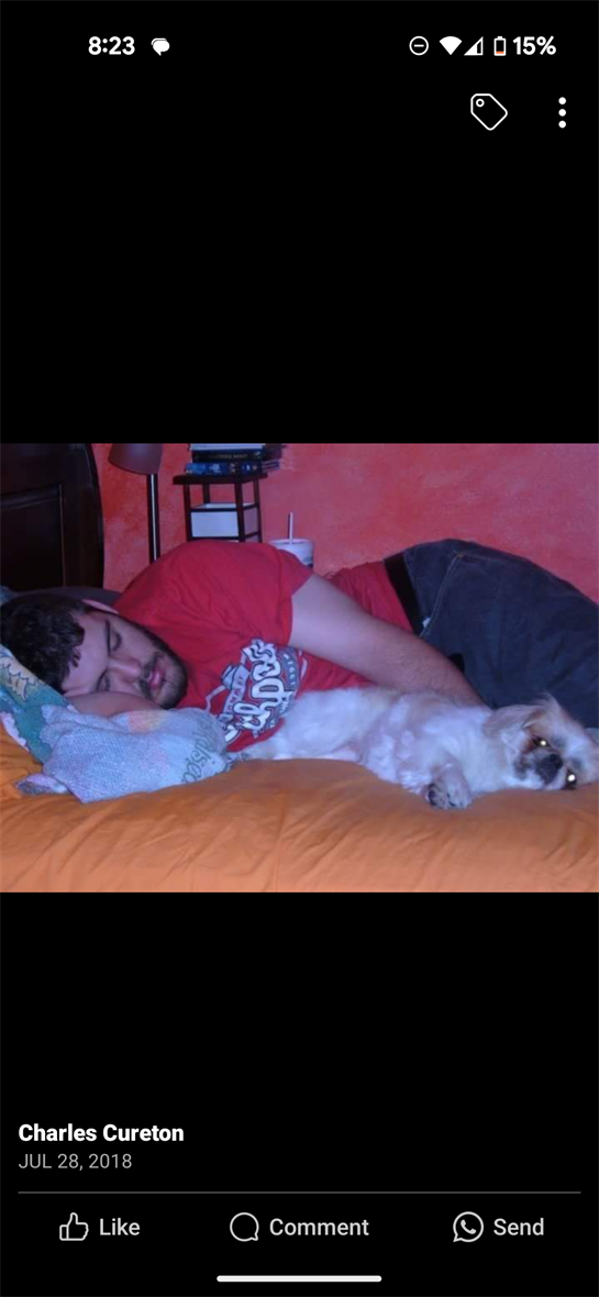 A man lies on an orange bed, resting his head on a pillow while cuddling with a dog.