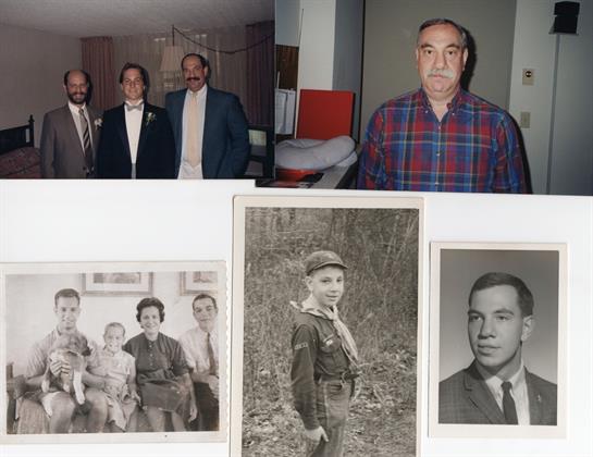 A collage featuring four photographs of family members at different times in their lives.