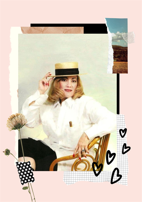 A stylish woman sits confidently in a vintage outfit, surrounded by soft colors.