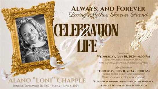 Honoring the memory of Alano Loni Chapple with a celebration on specific dates in 2024.
