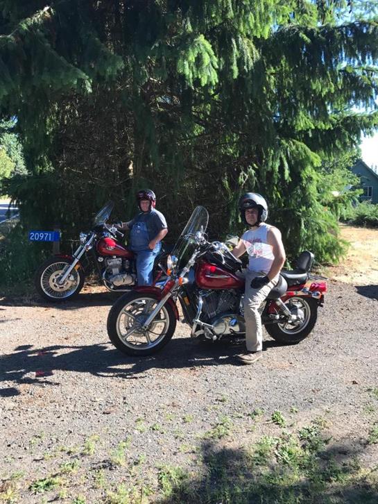 Two motorcyclists relax on their bikes under tall trees on a bright, sunny day.