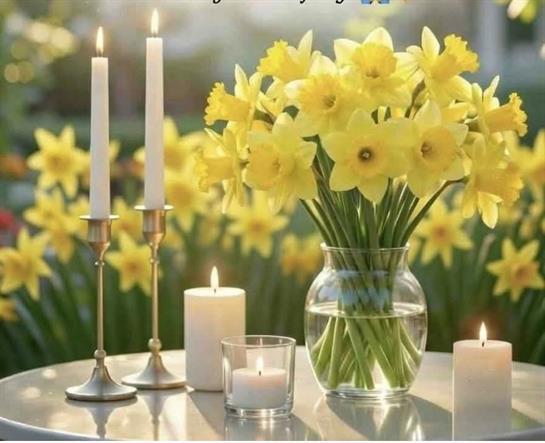 A group of yellow flowers in a vase with candles