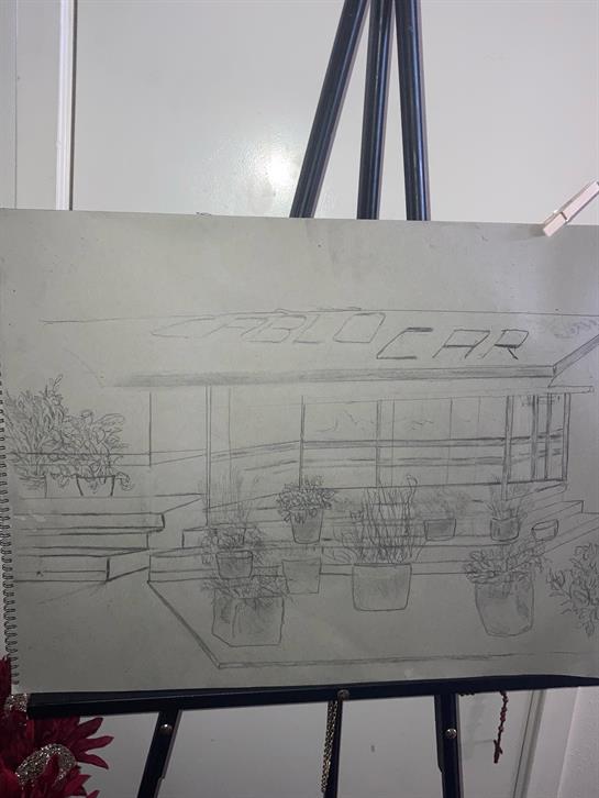 A detailed sketch showcases a car rental office adorned with various plants.