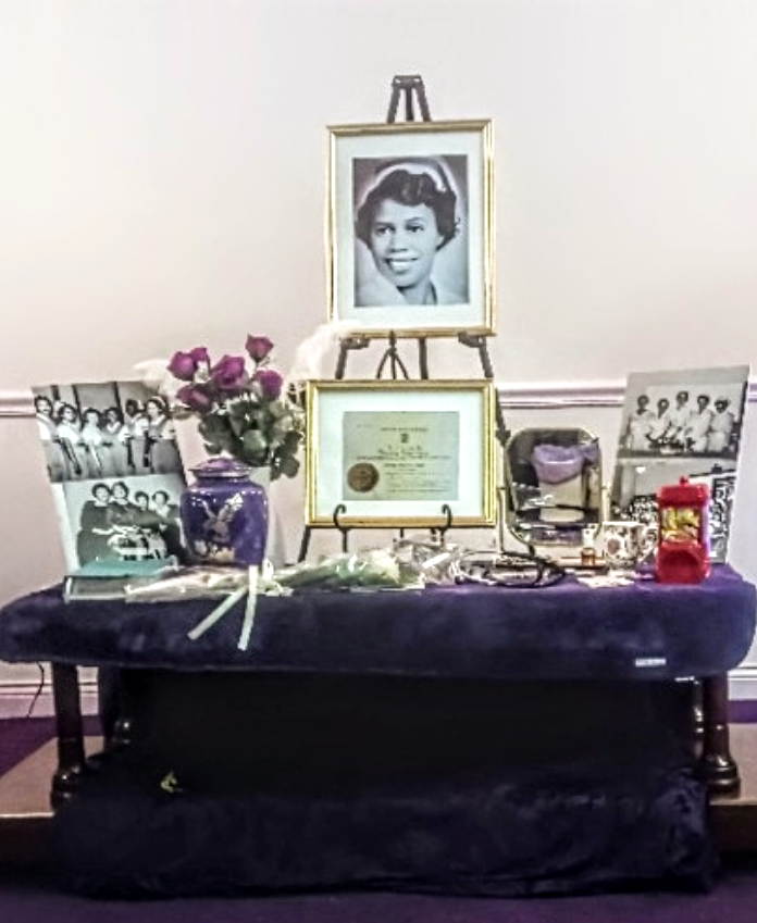 A table with a picture of a woman on it