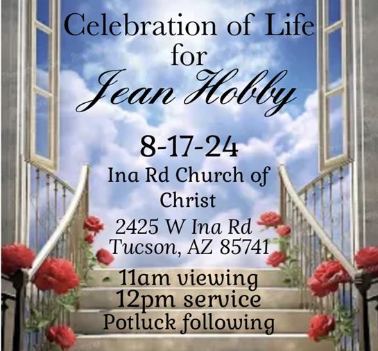 A gathering to honor Jean Hobby's life with a viewing, service, and potluck at the church.