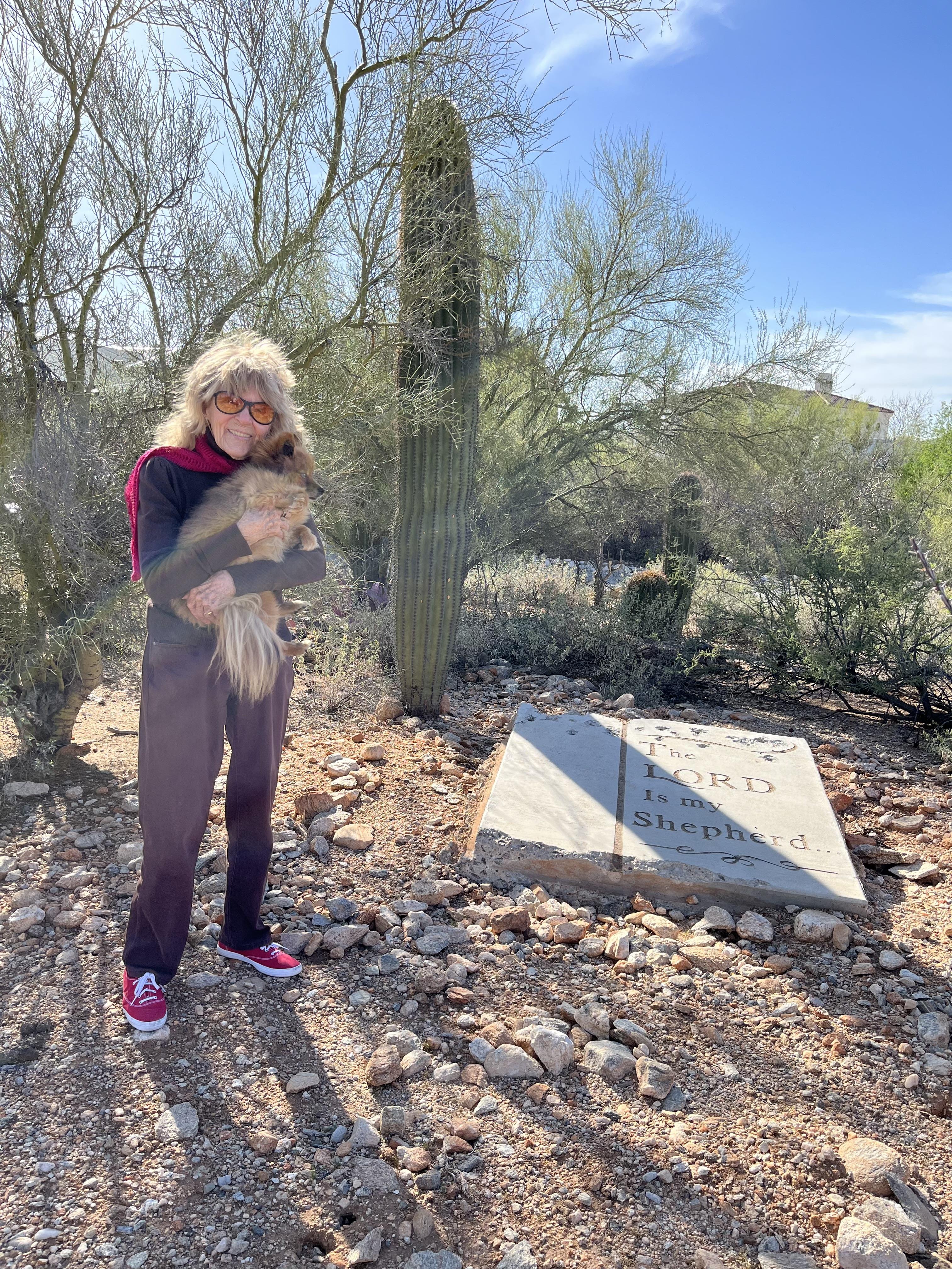A person holds a dog in the desert, surrounded by cacti and clear blue skies.