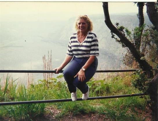 A woman balances on a railing, taking in the panoramic view of a distant landscape.