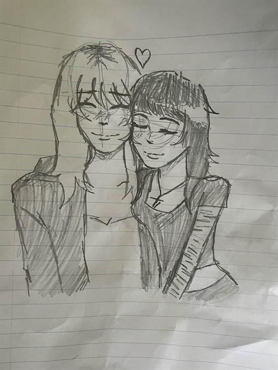 Two characters share a warm, affectionate moment, smiling closely together.