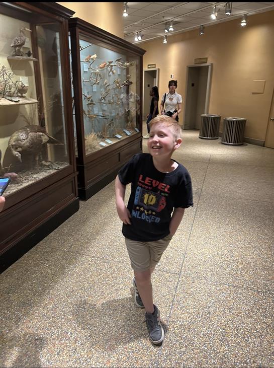 A young boy enjoys his visit to a museum, smiling and engaging with various exhibits.