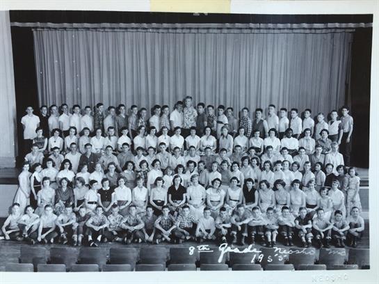 Many individuals are posed together on stage, dressed in various outfits, during a special event.