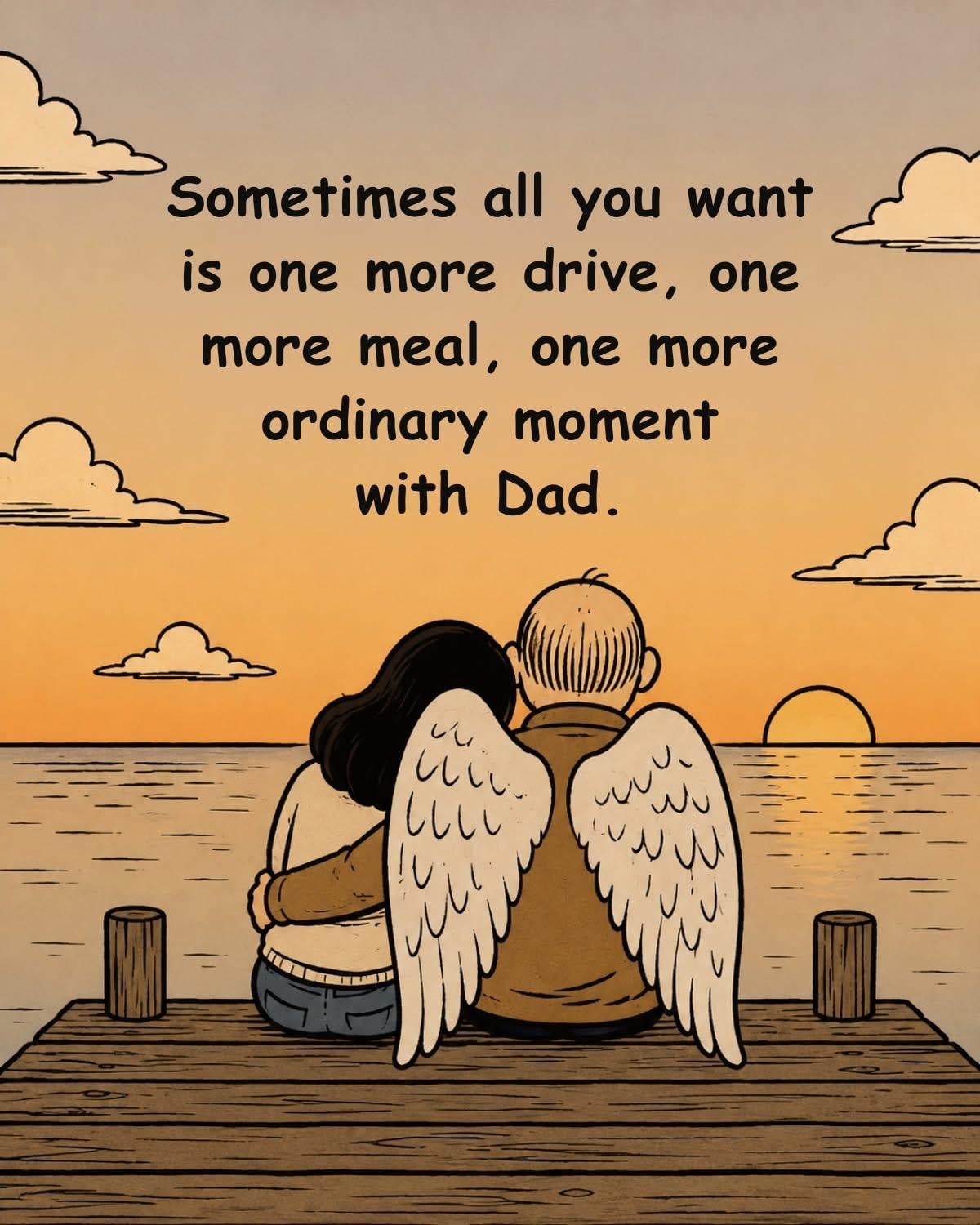 A man and woman sitting on a dock with wings