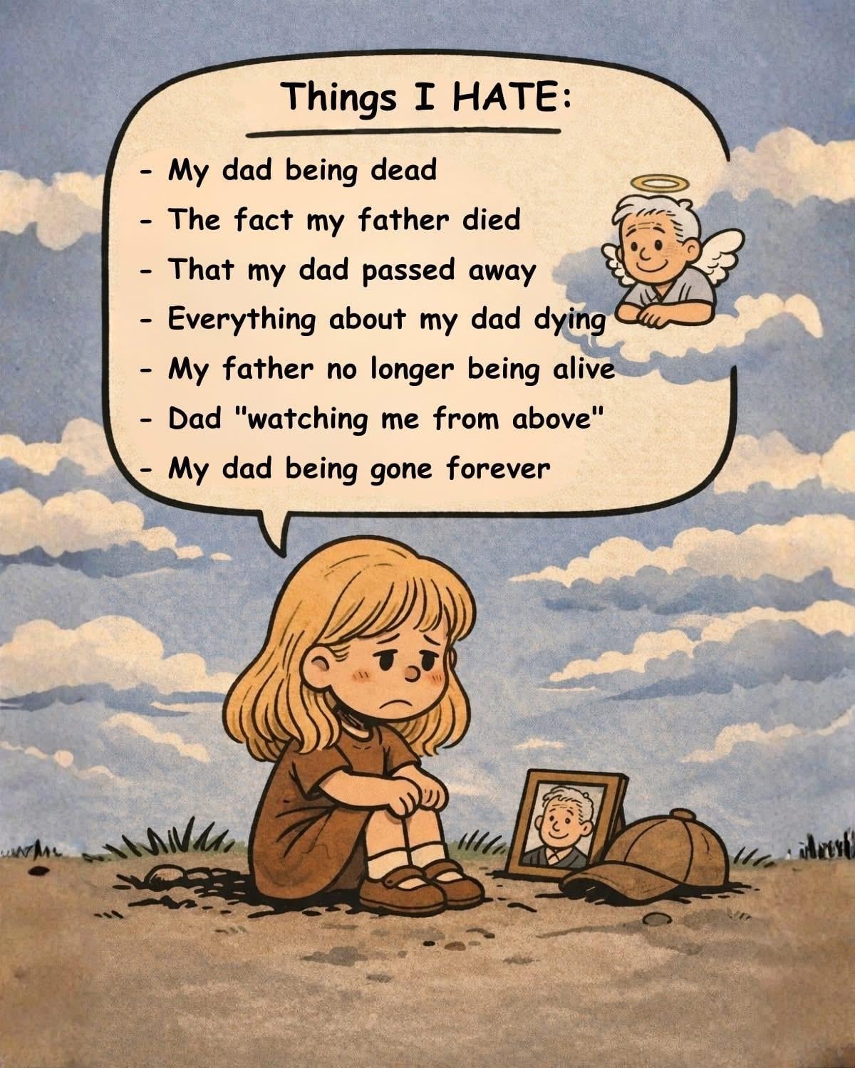 A cartoon of a sad girl sitting on the ground looking at a picture of a man