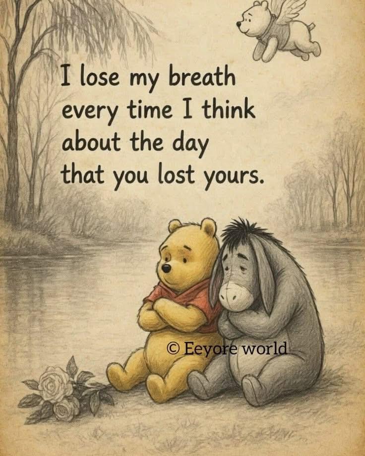 A cartoon of a winnie the pooh and a donkey sitting next to a river