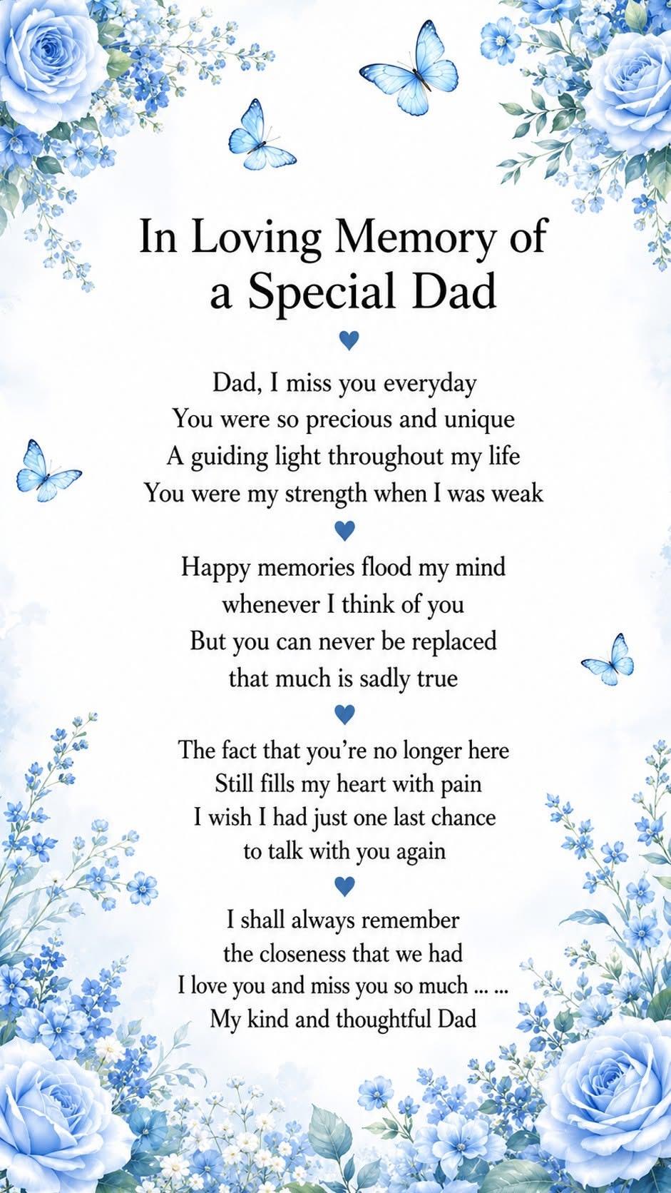 A blue and white card with text and butterflies