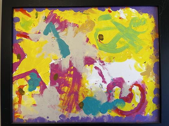 Abstract artwork filled with bright colors and playful shapes creates a lively visual experience.