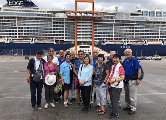 Tourists gather for a group picture near a grand cruise ship at the harbor during daylight.