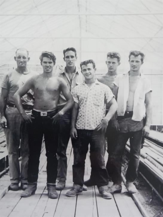 Six young men stand together in a greenhouse, showcasing camaraderie and hard work.