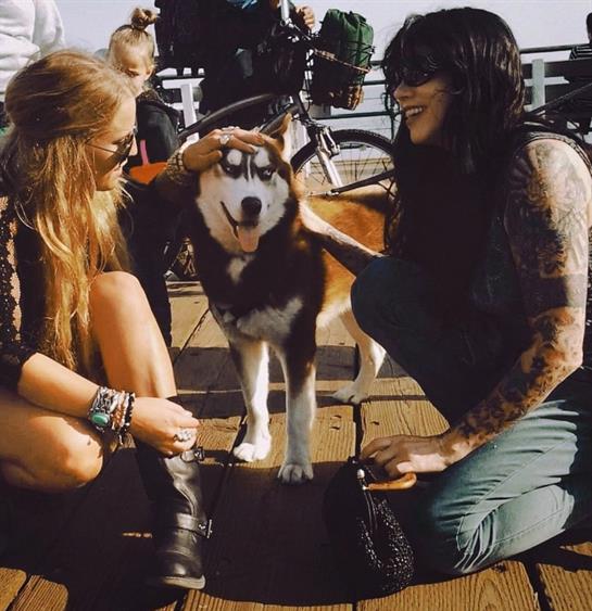 Two friends share a light moment with a happy dog on a bustling pier under the sun.