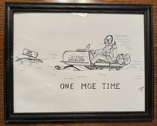 A humorous depiction of a snowmobile ride featuring a driver and a playful sign in the snow.