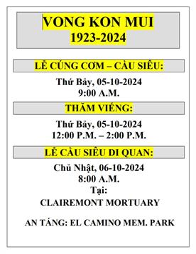 Memorial services will honor Vong Kon Mui on October 5 and 6 at Claremont Mortuary.