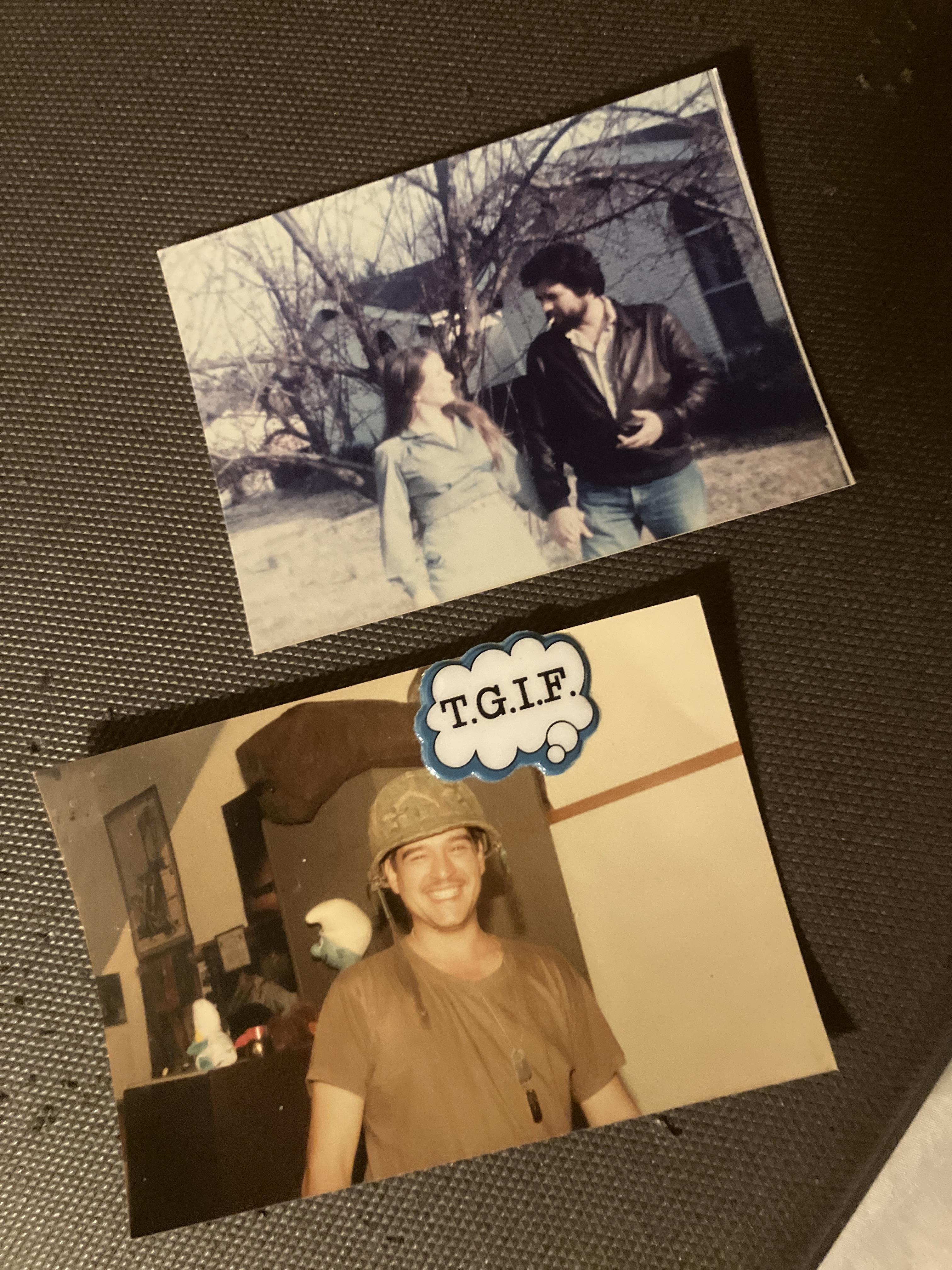 A couple laughs together in a park while a man wears a hat and smiles at home.
