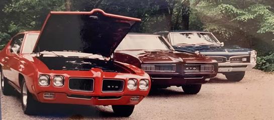 Three vintage cars stand by a forested road, highlighting their distinct designs and colors.
