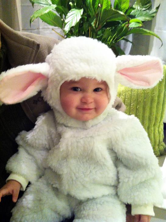 A cheerful child wearing a cozy lamb costume displays joy in a bright room.