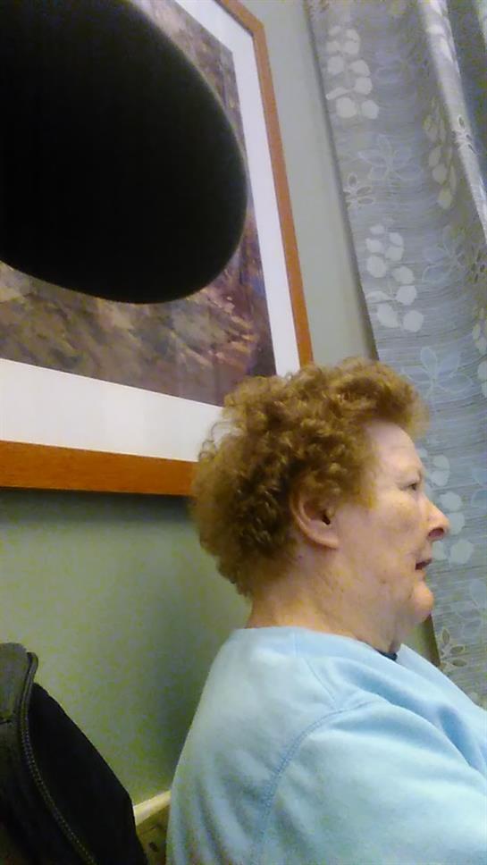 An elderly woman with curly hair is seated, actively participating in a friendly conversation.