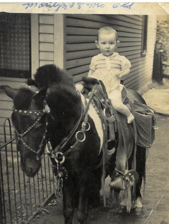 A baby sitting on a horse