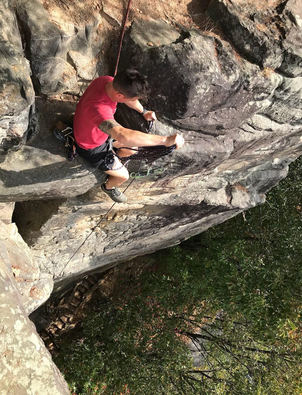 A climber ascends a challenging rock face surrounded by trees, showcasing skill and focus.